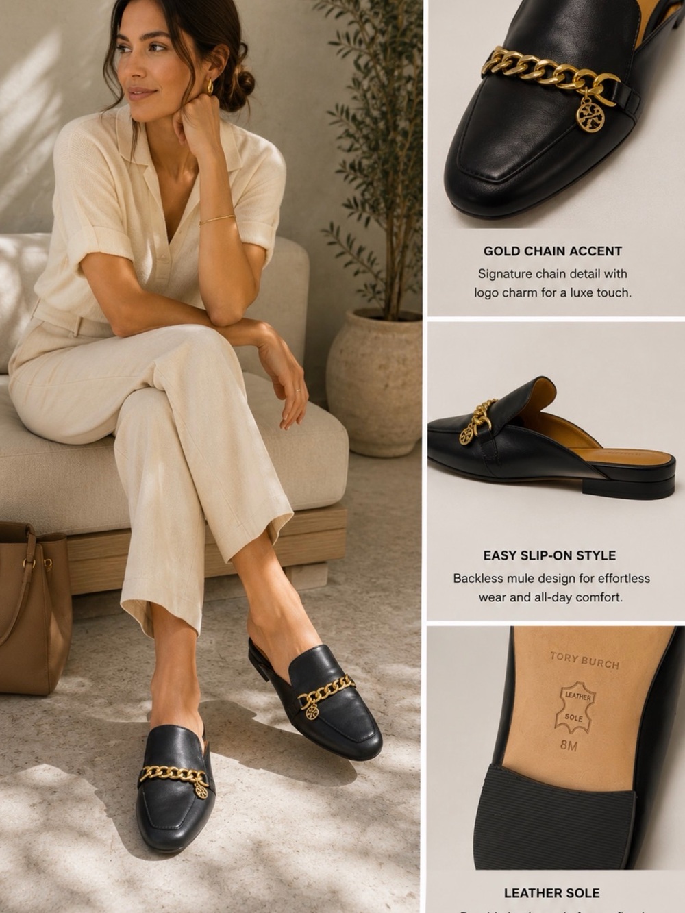 Tory Burch Black Leather Slip-On Loafers with Leather Sole